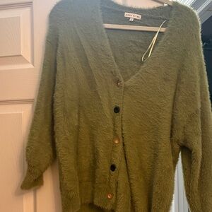 Moon River Olive Green Fuzzy V-Neck Button-Up Cardigan